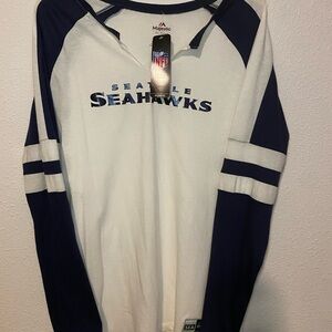 Seattle Seahawks Womens Majestic XXL V Neck Long Sleeve Blue And White T Shirt
